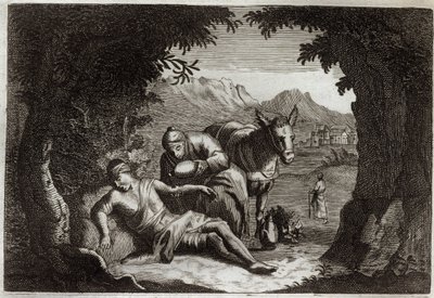 Royaumont Bijbel, Nieuwe Testament: De gelijkenis van de barmhartige Samaritaan. De Samaritaan stopte op zijn weg om de man in nood te helpen. Illustratie uit 1811. door Unknown artist