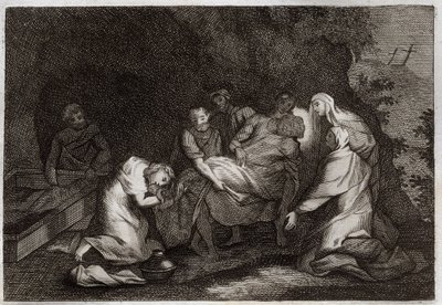 Bijbel van Royaumont, Nieuwe Testament: Graf. Graf van Jezus Christus. Onder de personages rond het lichaam van Jezus Christus: de Maagd Maria, Sint Nicodema, Sint Jozef van Arimathea, Sint Jan de Evangelist en Sint Maria Magdalena. Illustratie uit 1811. door Unknown artist