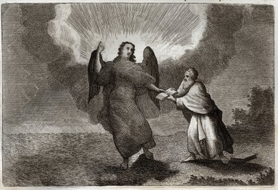 Bijbel van Royaumont, Nieuwe Testament: Visioen van Sint Jan. Visioen van de Engel met een Open Boek geeft Sint Jan om hem te verslinden. Illustratie uit 1811. door Unknown artist