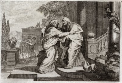 Royaumont Bijbel, Nieuwe Testament: Visitatie. De Heilige Maagd Maria bezoekt haar nicht Elisabeth. Illustratie uit 1811. door Unknown artist