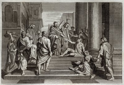 Royaumont Bijbel, Nieuwe Testament: Genezing van de lamme. Sint Petrus, vergezeld door Sint Johannes, geneest op wonderbaarlijke wijze een lamme man in Jeruzalem. Illustratie uit 1811. door Unknown artist
