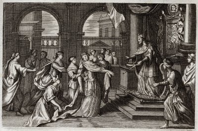 Royaumont Bijbel, Oude Testament: Esther presenteert zich voor koning Xerxes I (Ahasveros I), met de bedoeling haar volk te redden van de dood die hen bedreigde. Illustratie uit 1811. door Unknown artist