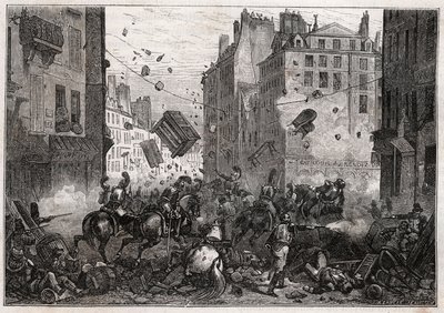 Rue Saint-Antoine tijdens de Trois-Glorieuses (juli 1830) - Revolutie van 1830 Barricadegevechten op Rue Saint-Antoine in 1830 door Unknown artist