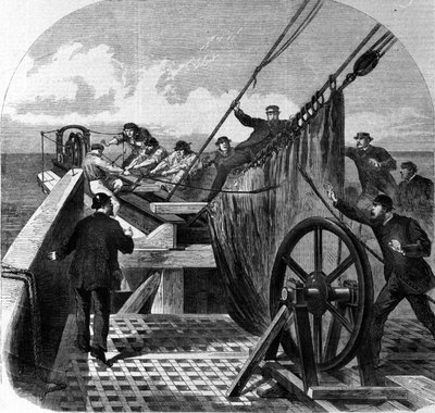 Breuk van de trans-Atlantische telegraafkabel aan boord van het schip Great Eastern, omgebouwd tot een trans-Atlantische telegraafkabellegger tussen Europa en Amerika, de breuk van de kabel in 1865 door Unknown artist