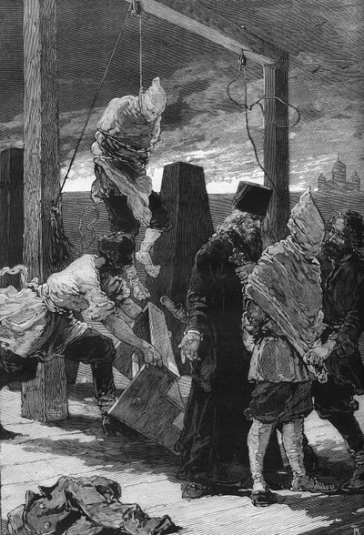 Rusland, Sint-Petersburg: executie van de twee nihilisten Kviatkovsky en Presniakoff op 16/11/1880 in de Sint-Johannes ravelijn van de vesting van de heiligen Petrus en Paulus. Zij waren de daders van de aanslag op het Winterpaleis in 1879. door Unknown artist