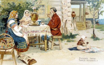 Russische familie die thee drinkt rond een samovar - chromo door Unknown artist