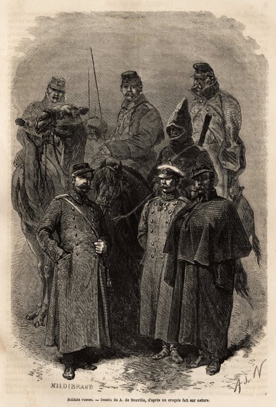 Russische soldaten, die de autoriteit van de keizer handhaven in het uitgestrekte grondgebied van Rusland, het Russische leger stond ook een zeer snelle sociale opkomst toe, waarbij bepaalde privileges en instructies aan elk van zijn leden werden gegeven.  door Unknown artist