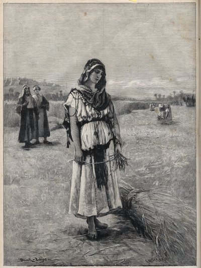 Ruth werkend in het veld van Boaz (Booz) (Ruth en Boaz) - gravure naar het schilderij van Druch-hajos door Unknown artist