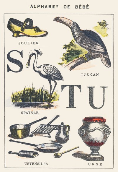 S T U: Schoen, Spatel, Toekan, Gereedschap, Urn door Unknown artist