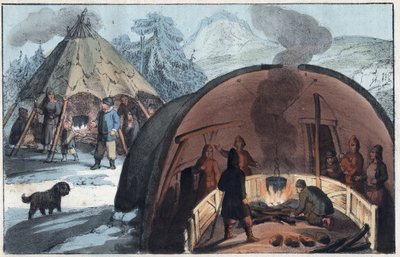 Saami-familie in een tent in Lapland - Interieur van een Laplandse hut met een familie rond het vuur - gravure uit 