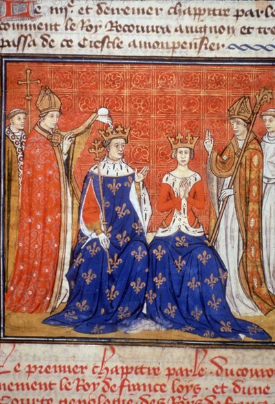 Kroning van Lodewijk VIII en Blanche de Castille - Miniatuur uit de Middeleeuwen (ref. 512, 345v) Vraag toestemming aan de Gemeentelijke Bibliotheek van Toulouse (tel: 05 62 27 66 66) door Unknown artist