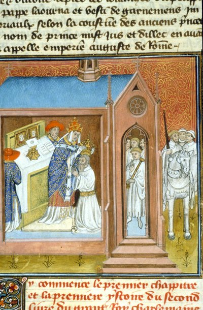 Heilige (Kroning) van Karel de Grote (742 - 814) in 800 door paus Leo III. - Verluchting van manuscript uit de Middeleeuwen (ref. 512, 089v) Vraag toestemming aan de Gemeentelijke Bibliotheek van Toulouse (tel: 05 62 27 66 66) door Unknown artist