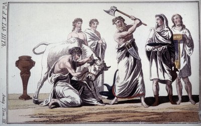Offer van een stier. Gebruik in de Romeinse oudheid. Vroege 19e-eeuwse gravure door Unknown artist
