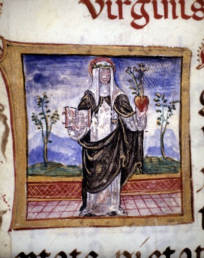 Sint-Catharina van Siena met een boek en een hart, miniatuur van de 15e eeuw. door Unknown artist