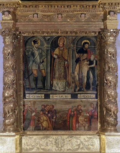 Altaar van Sint Clair of Sint Roch: St. Roch en de Knop van de Pest en Sint Joris in de mode van Hendrik III - Kerk van Onze-Lieve-Vrouw van de Tenhemelopneming van Rognes door Unknown artist