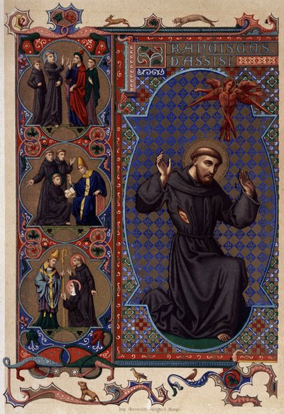Sint Franciscus van Assisi en de verschijning van de stigmata (1224) (chromolithografie) door Unknown artist