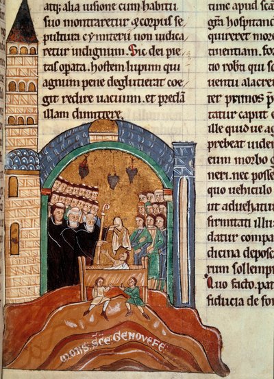 Sint Hugues de Cluny, abt van Cluny, redt een dode man in Parijs. Miniatuur uit een historische en liturgische collectie door Unknown artist