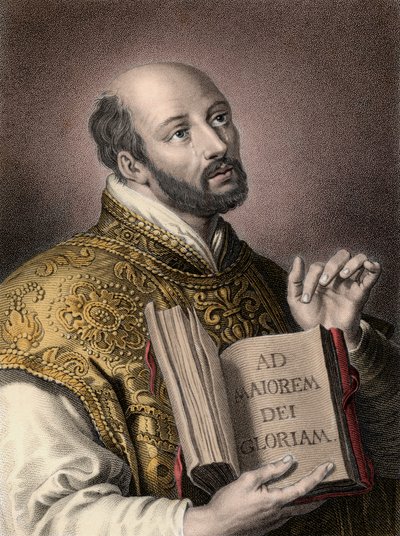 Sint Ignatius van Loyola (1491-1556), Spaanse theoloog, met een boek met het Latijnse motto van de Sociëteit van Jezus 