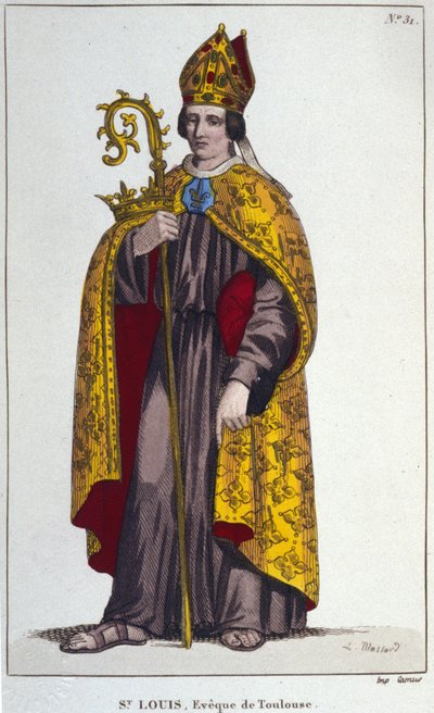 Saint Louis van Toulouse of Saint Louis van Anjou. Kleinzoon van Saint Louis (1274 tot 1297), bisschop van Toulouse. Gravure uit 1830 door Unknown artist