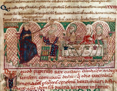Sint Maur (512-584) oprichter van het klooster van Flanfeuil (Saint Maur) in Anjou wordt ontvangen aan de tafel van Gaidulfe van Ravenna, vervolger van de monniken en straft hem. Miniatuur uit 