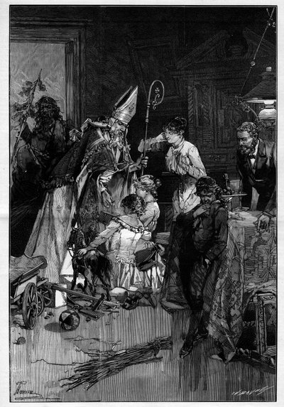 Sint-Nicolaasfeest in Lotharingen dat speelgoed naar kinderen brengt. Hij wordt vergezeld door de duivel die hem yards brengt. Gravure in "Le Monde Illustré" door Unknown artist