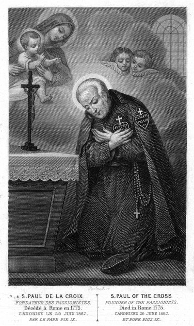 Sint Paulus van het Kruis, oprichter van de Passionisten teleurgesteld in Rome in 1775, heilig verklaard op 29 juni 1867 door paus Pius IX. Gravure uit de 19e eeuw. door Unknown artist