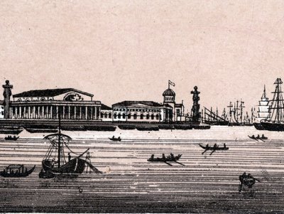 Sint-Petersburg, Rusland: uitzicht op de Neva-rivier en de Beurs in Sint-Petersburg in 