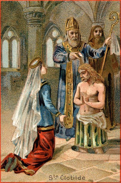 Saint Remi, bisschop van Reims, doopt Clovis I (465-511), koning van de Franken, 25 december 496. Links, Saint Clotilde door Unknown artist