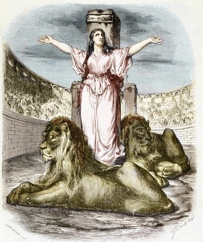 Sainte Blandine in de arena, de leeuwen liggen aan haar voeten (Christenvervolgingen in Lyon) - in 