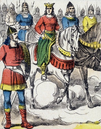 Sainte Clotilde (475-545) vluchtte voor de voogdij van haar oom Gondebaud, koning van de Bourgondiërs (480-516), die de moordenaar van haar familie was. door Unknown artist