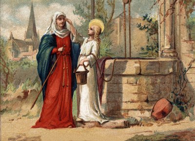 Sainte Genevieve (422-502), beschermheilige van Parijs, geeft zicht aan haar zee. Chromolithografie rond 1890 door Unknown artist