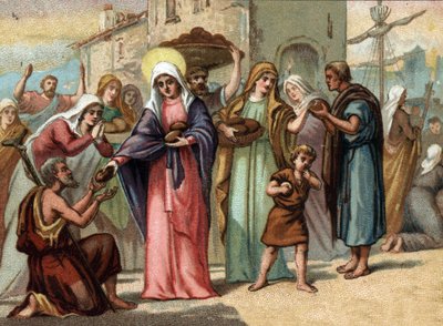 Sainte Genevieve (422-502), beschermheilige van Parijs tijdens de hongersnood. Chromolithografie rond 1890 door Unknown artist