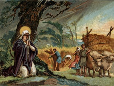 Sint-Genevieve (422-502), patroonheilige van Parijs beschermt de oogsten tegen de storm in Meaux. Chromolithografie rond 1890. door Unknown artist