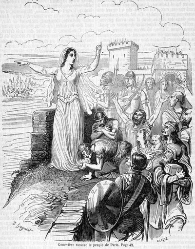 Sainte Geneviève organiseert de verdediging van Parijs tegen de hordes van Attila en stelt de mensen van Parijs gerust - in 