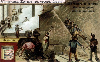 Saline en zoutmijn: zoutwinning en zoutzieder. Chromolithografie van Liebig-producten, serie 