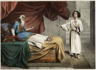 Samuel, die de stem van de Heer hoort die hem midden in de nacht roept, denkt dat dit zijn mentor de hogepriester Eli (Heli) is. Anonieme gravure uit het midden van de 19e eeuw door Unknown artist