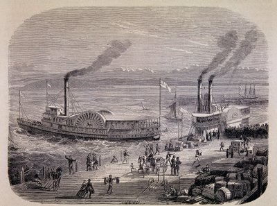 San Francisco Docks en raderstoomschepen (Californië) - in "Tour du Monde" door Unknown artist