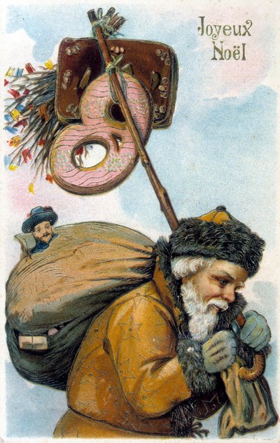 Kerstman draagt cadeaus op zijn rug door Unknown artist