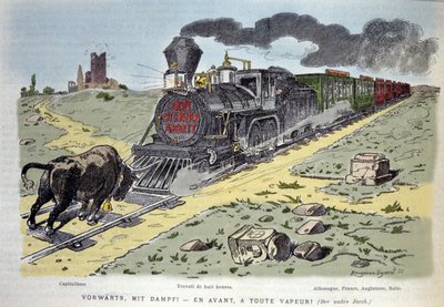 Satirische allegorische vignette: de stier symbool van het kapitalisme probeert de trein van arbeidsreform te stoppen. Elke wagon is ontworpen voor een land: Duitsland, Frankrijk, Engeland, Italië 1897 door Unknown artist