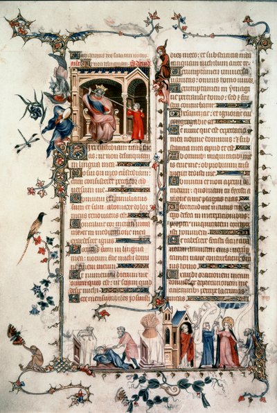 Saul bedreigt David, Kaïn doodt Abel, Allegorieën van de Eucharistie en Liefdadigheid. Brevier van Belleville. 1323-1326. Ms. Lat. 10483 fol.24v. - Jean Maid. Belleville Brevier door Unknown artist