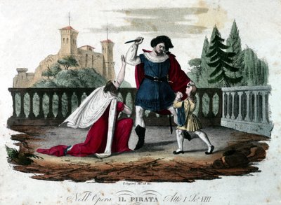 Scène 8 van Act V van Il pirata door Vincenzo Bellini. Gekleurde gravure uit 1827. Eerste uitvoering in het Teatro alla Scala door Unknown artist