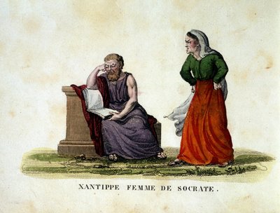 Huiselijke scène tussen Socrates en zijn vrouw Xantippe (Xanthippe) - gravure door Unknown artist