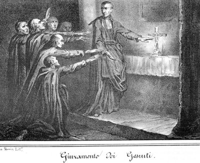 Scène die Jezuïeten toont die een eed afleggen. Gravure uit het einde van de 19e eeuw. door Unknown artist