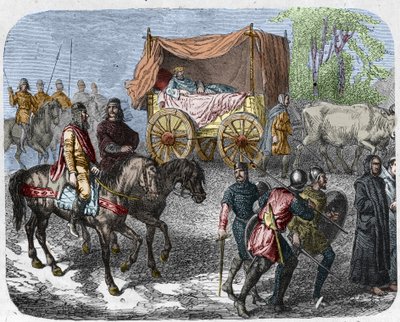 Scène die de luie koningen uitbeeldt: Koning van Frankrijk Thierry III (673-691) wordt in een tank met een bed getrokken door ossen door Unknown artist