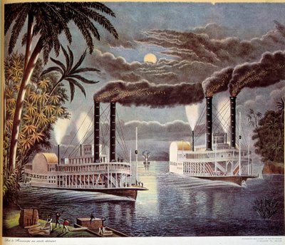 Scène van bootnavigatie op de Mississippi-rivier in de Verenigde Staten. 19e eeuw. Parijs, Decoratieve Kunsten door Unknown artist