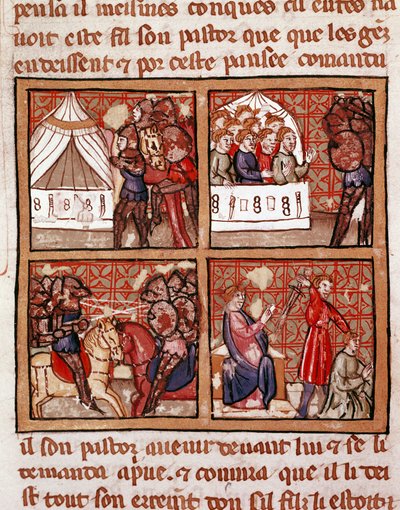Scène van confrontatie tussen twee vijandige kampen, een executie rechtsonder. Pagina van een 14e-eeuws manuscript Biblioteca Marciana Venetië door Unknown artist