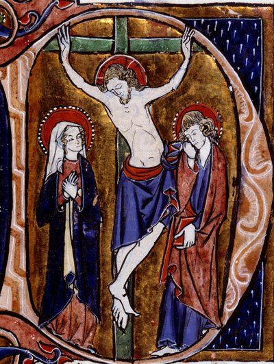 Scène van kruisiging in een briefhoofd (brief D) door Unknown artist