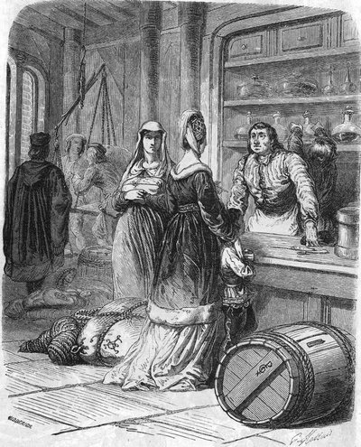 Scène uit het dagelijks leven, winkel in de 15e eeuw door Unknown artist