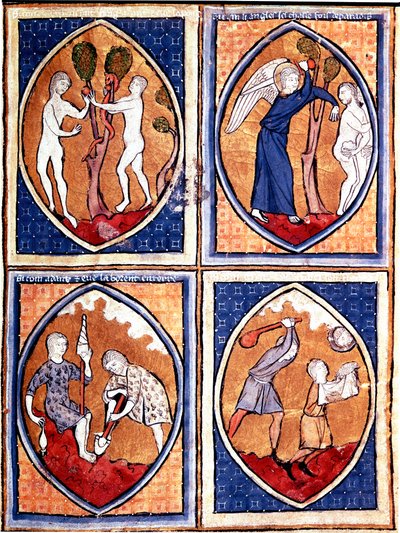 Scènes uit de Bijbel afgebeeld in mandorles door Unknown artist