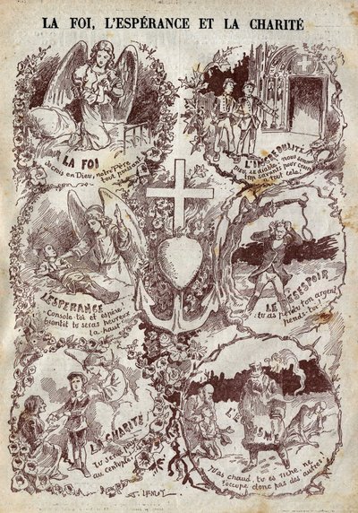 Scènes die Geloof, Hoop, Liefde en hun tegenpolen, Ongeloof, Wanhoop en Egoïsme illustreren. Illustratie in 